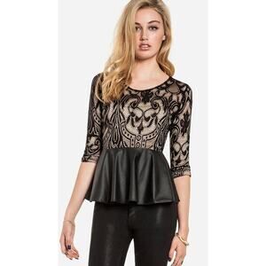 Lovers + Friends Soirée Lace & Faux Leather Peplum Top XS